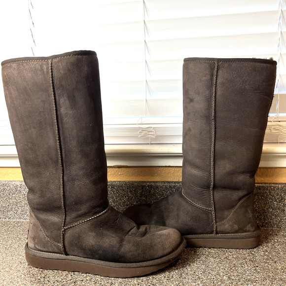 UGG Australia Brown Suede Tall Winter Boots Sheepskin Lining Women Sz 10 Pull On - Picture 4 of 11